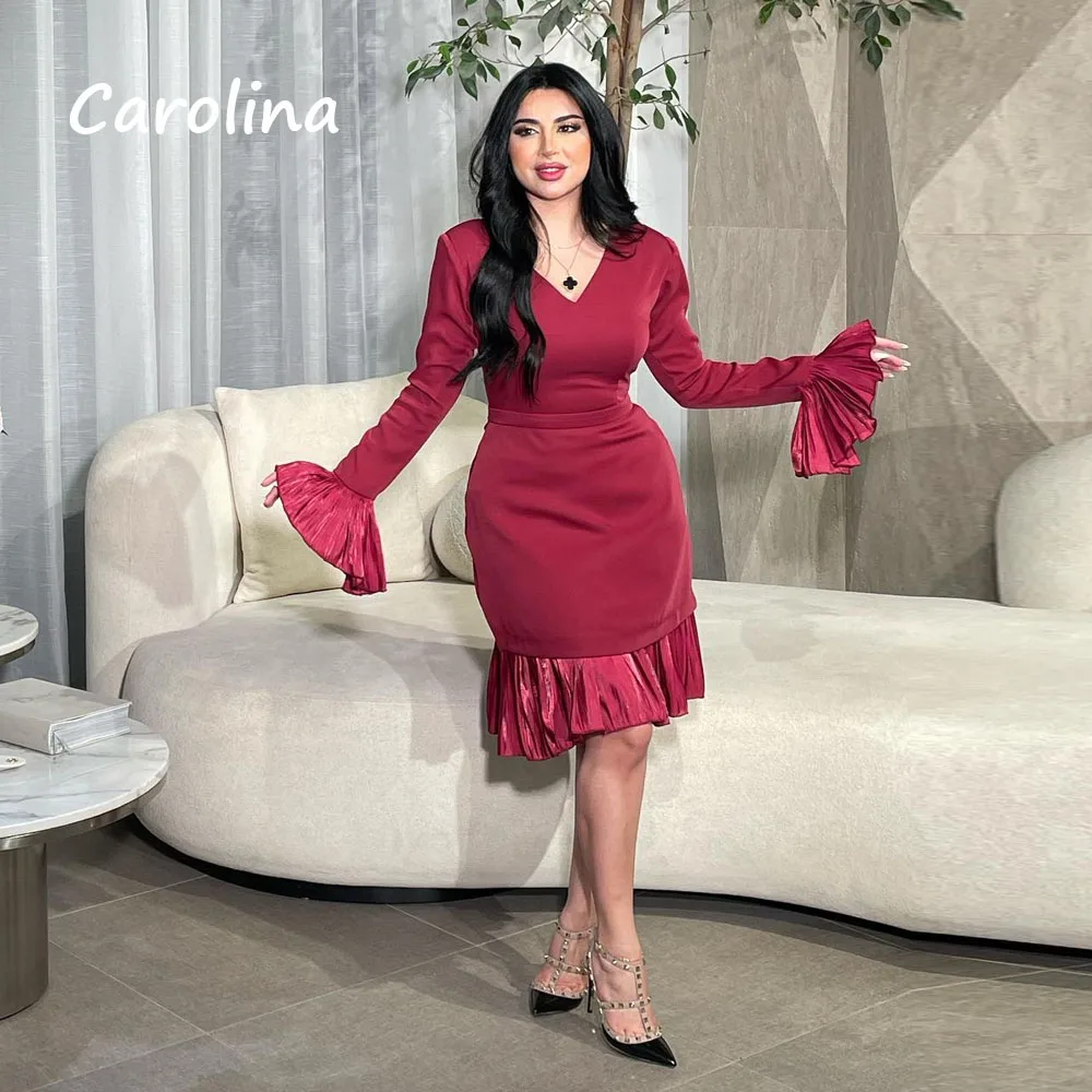 Carolina Red V-Neck Mermaid 2024 Slim Crepe Long Sleeve Ruffles Knee-Length Ocassion Gown Zipper Up Formal Evening Dress