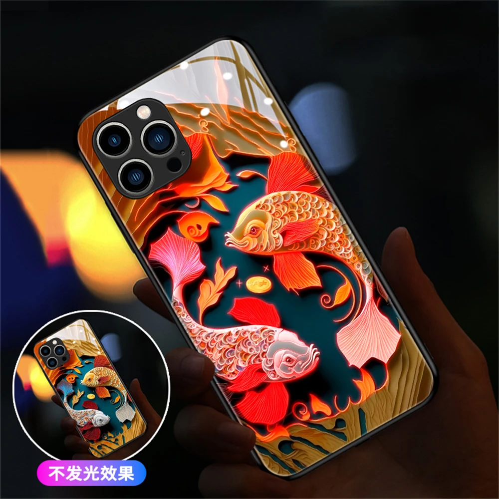 

Lucky Dual Carp Painting Smart Voice Controlled LED Light Phone Case For Samsung S25 S24 S23 S22 S21 S20 FE Note10 20 Plus Ultra