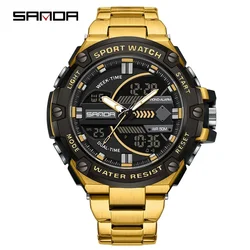 SANDA 3185  Waterproof Shock Resistant Outdoor Sports Chronograph Wristwatch New Design For Men Stainless Steel Strap Alarm Mode