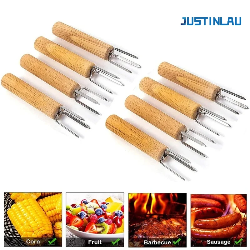 JUSTINLAU 2/4/8 Stück Maishalter Edelstahl Holzgriff Cob Spieße BBQ Anti Verbrühungen Obstgabeln Camping Kochen BBQ Werkzeug