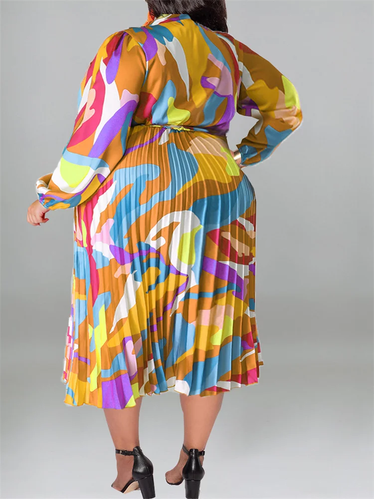 Wmstar Plus Size Dresses for Women Printed Tie Dye Fashion Long Sleeve Maxi Dress Hot Sale Wholesale Dropshipping with Bandage