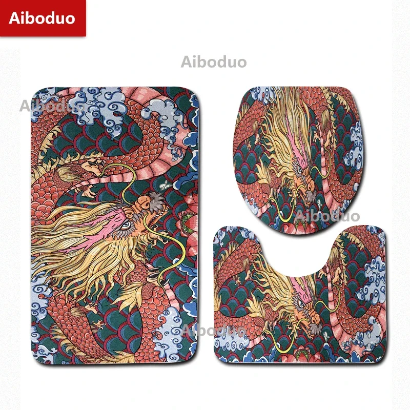 Aiboduo Drop Shipping Dragon 3pcs/set Carpet NonSlip S M Chinese Style Home Decoration Restroom RugToilet Lid Cover Set Bath Mat