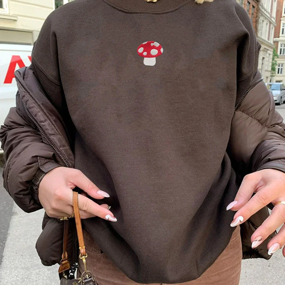 Women Female Fashion New Solid Sweatshirt Cute Long Sleeve O-Neck Streetwear Pullover Mushroom Embroidery Hoodies Sweatshirt