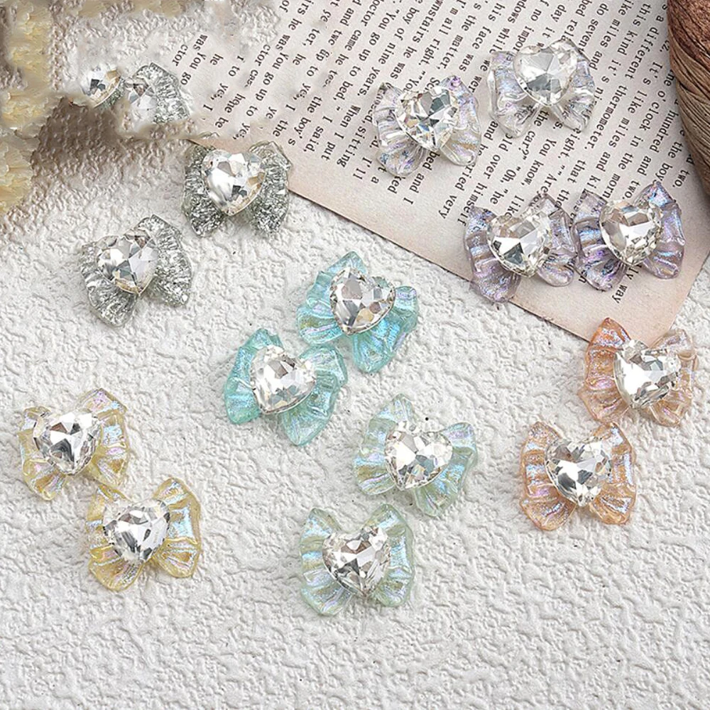 10pcs 3D White Glitter Bowknot Nail Art Charms Sparkle Ice Clear Resin Love Heart Diamond Nail Art Decorations Kawaii Nail Gems