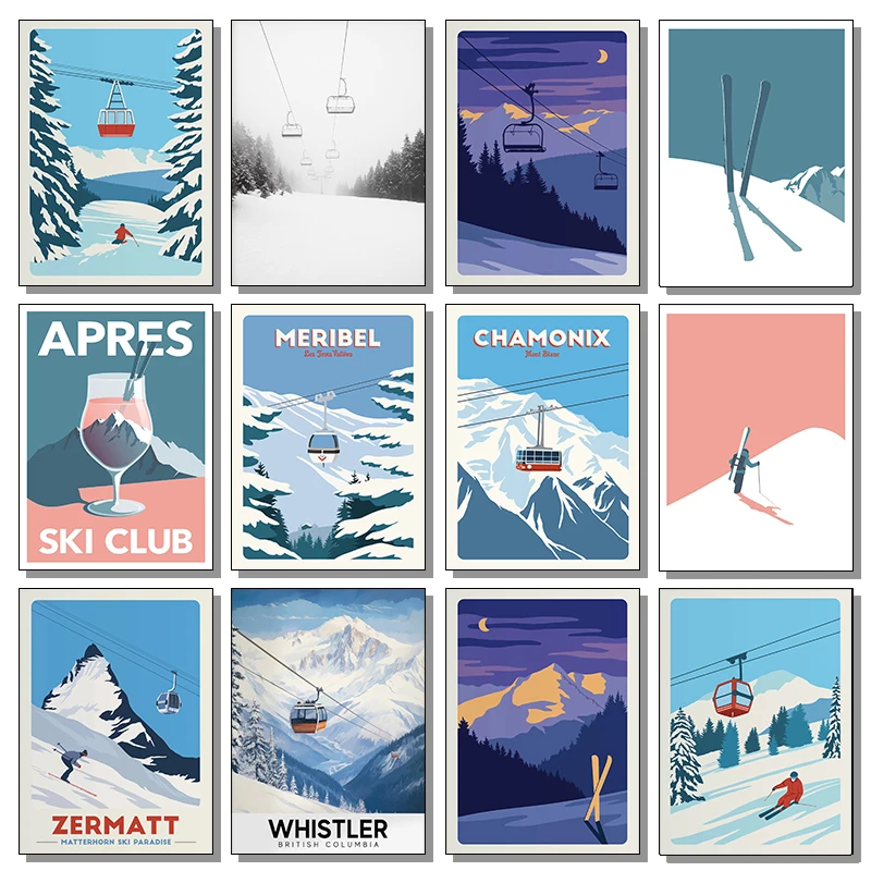 Vintage Minimalist Ski Snowboard Snow Mountain Ski Lift Poster Canvas Painting Wall Art Pictures for Living Bedroom Room Decor