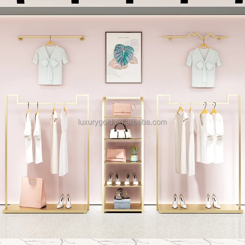 Custom. Custom Garment Stand Golden Clothing Rack Floor Standing Women Clothes Store Display Shelf Bag Rack