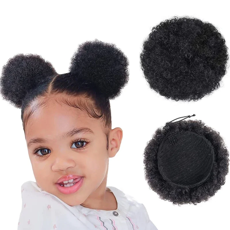 Kids Hair Puff Natural Black Human Hair Afro Puff Drawstring Ponytail for Girls Black Women 4-calowe perwersyjne kręcone włosy Updo Chigno