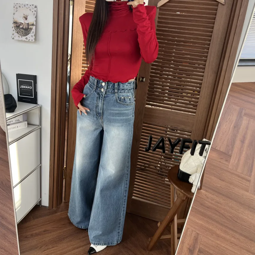 High Waist Bell Bottom Denim Jeans Chic Vintage Design Double Buckle Slimming Effect Versatile Women's Long Jeans Casual Style