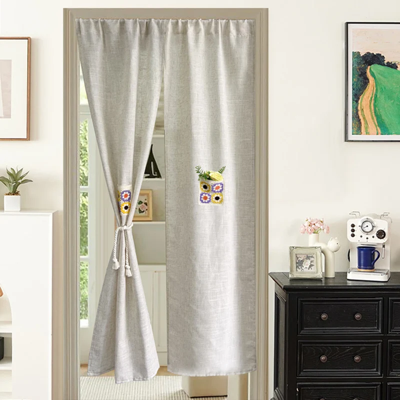 ستارة باب كتان بوهو مع جيب زهور ، ألواح نوافذ تصنعها بنفسك للفناء ، زجاج ، خصوصية المطبخ ، مقسم التقسيم ، ديكور غطاء الباب