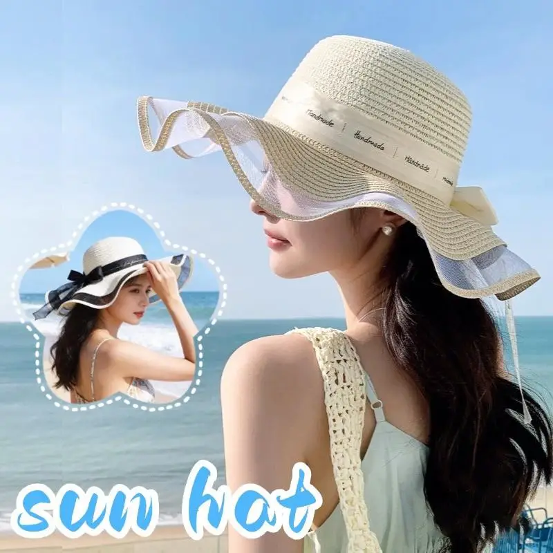 Modische Strohhüte mit flachem Oberteil für Mädchen, Sonnenhut mit breiter Krempe, Outdoor-Sonnenhut mit Spitze, Schleifenband, leicht, UV-Schutz, Strandkappe