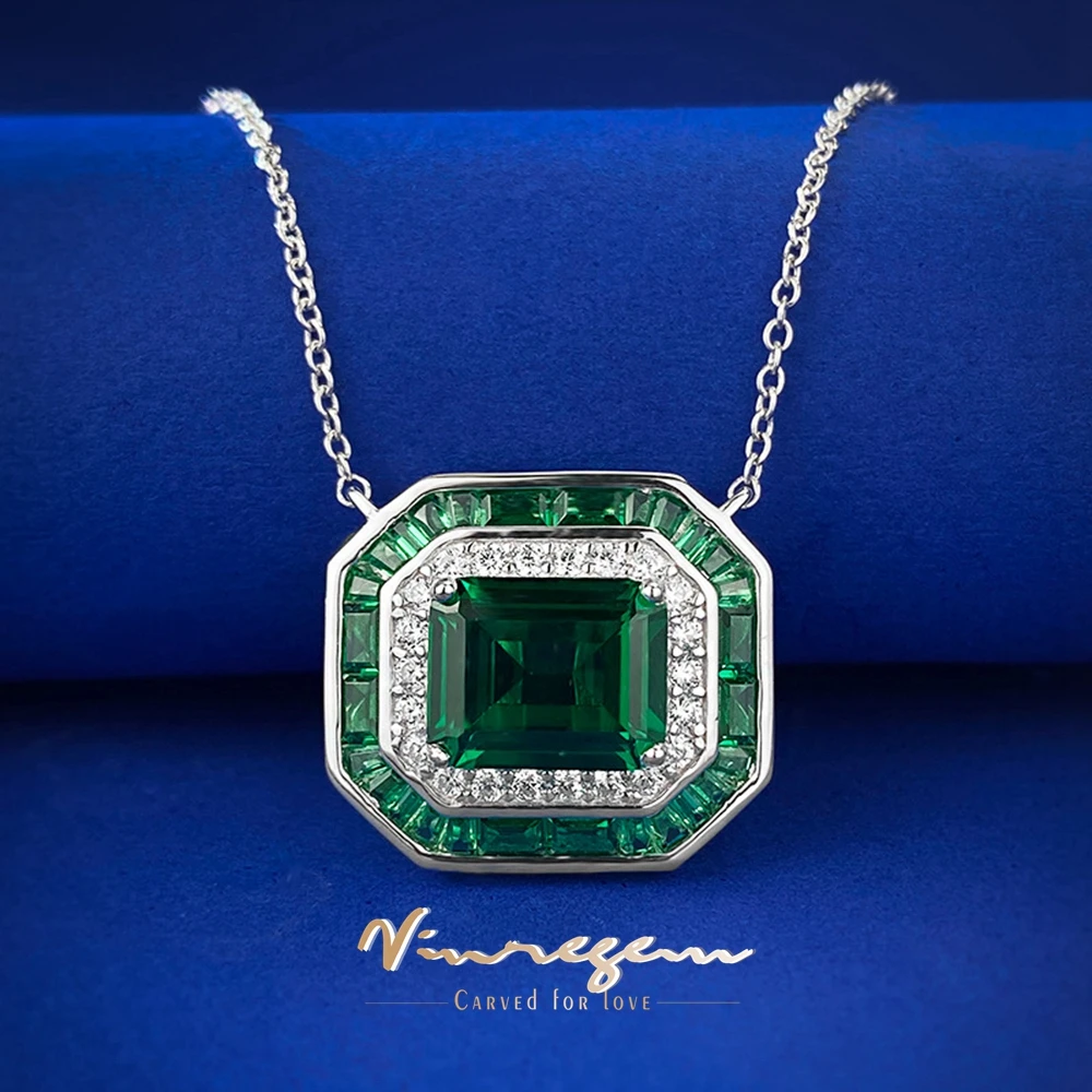 

Vinregem 18K White Gold 8*10MM 4CT Emerald Gemstones Vintage Women Necklaces Pendant 925 Sterling Silver Fine Jewelry Girls Gift