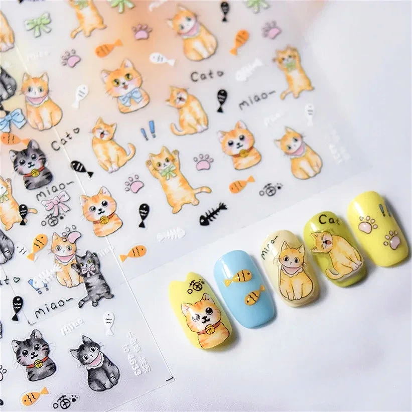 Cute Cat Eye Fishbone Animals Leopard Cat Ginger Cat Kitten Exclamation Point Paw Self Adhesive Nail Art Sticker Manicure Decals