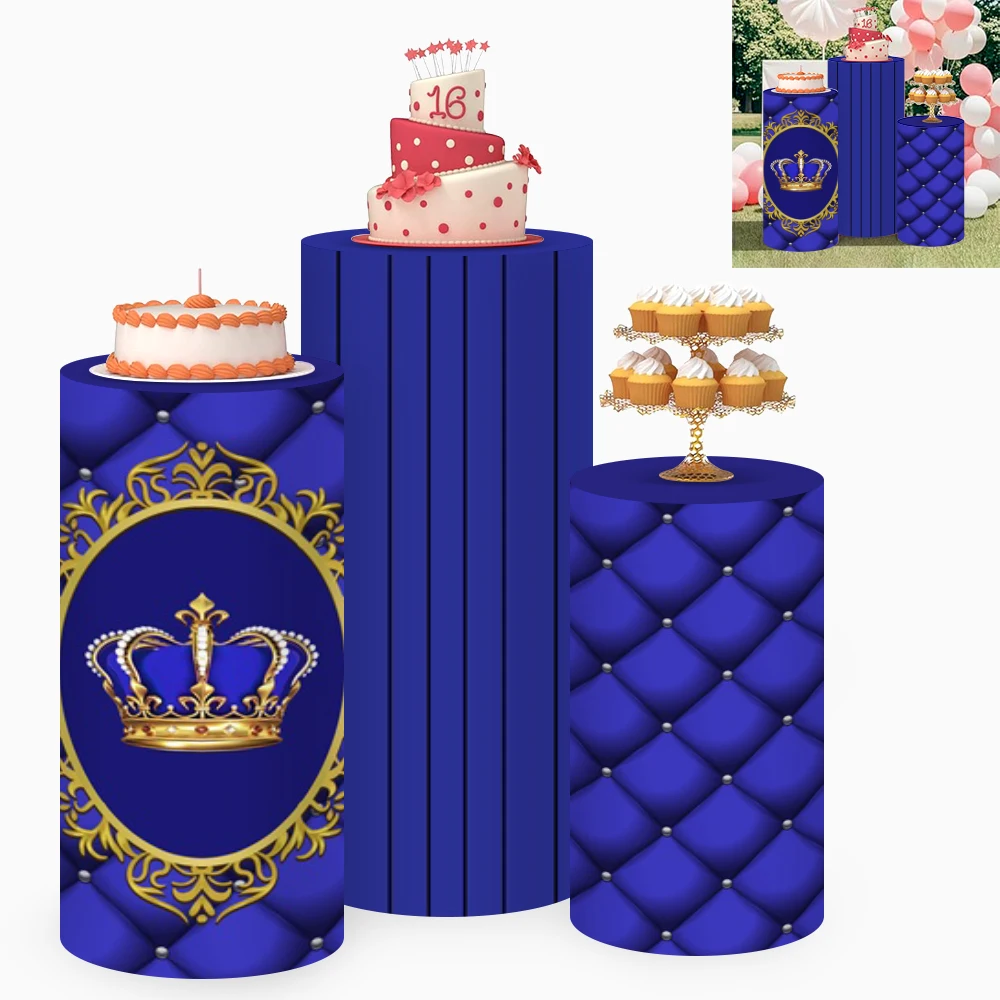 Royal Blue Cylinder Pedestal Stand Covers for Boys Birthday Party Event Decoration Crown Little Prince Baby Cake Column Backdrop