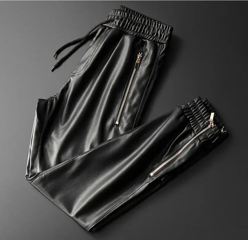 Thoshine Brand Men Leather Pants Superior Quality Elastic Waist Jogger Pants Motorcycle Pocket Faux Leather Trousers Harem Pants