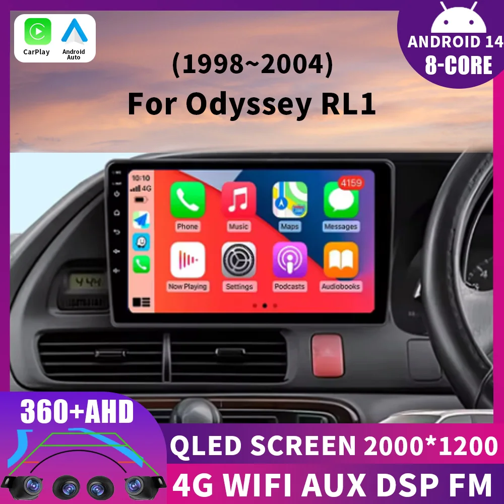 Android 14 Carplay Auto para Honda Odyssey RL1 1998 - 2004 Radio de coche reproductor de vídeo Multimedia navegación GPS No 2Din