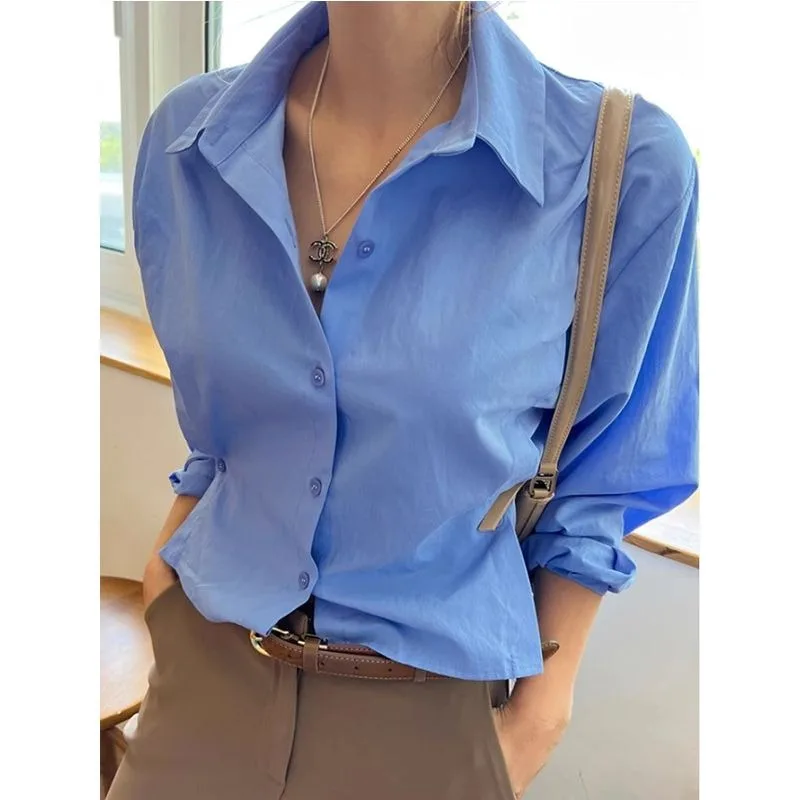 QWEEK Office Vintage White Short Shirts Korean Style Elegant Solid Color Women Blouse Chic Long Sleeve Button Up Clothes Autumn