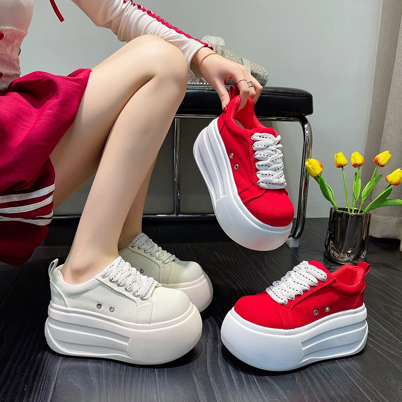 New Fashion Crystal Denim Platform Wedge Casual Spring Summer Autumn Comfy High Brand Chunky Sneakers 9CM Hidden Heels Shoes