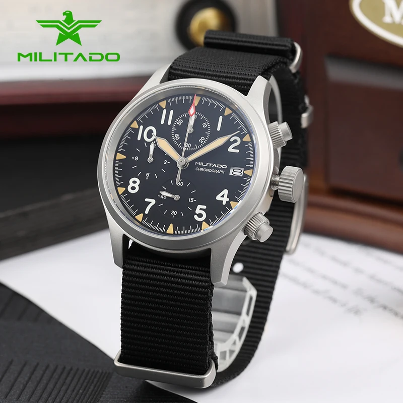 Militado Chronograph Watch VK61 Quartz BGW9 Luminous 100M Waterproof AR Coating Retro Watch 39mm Men Vintage Military Wristwatch