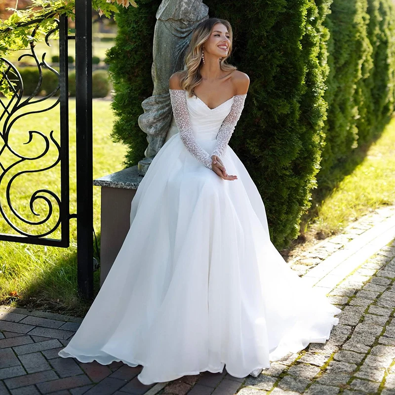 

Eightree Boho A-Line Wedding Dresses White Sweetheart Long Sleeve Glitter Bridal Dress Women Wedding Ball Prom Gowns Customized