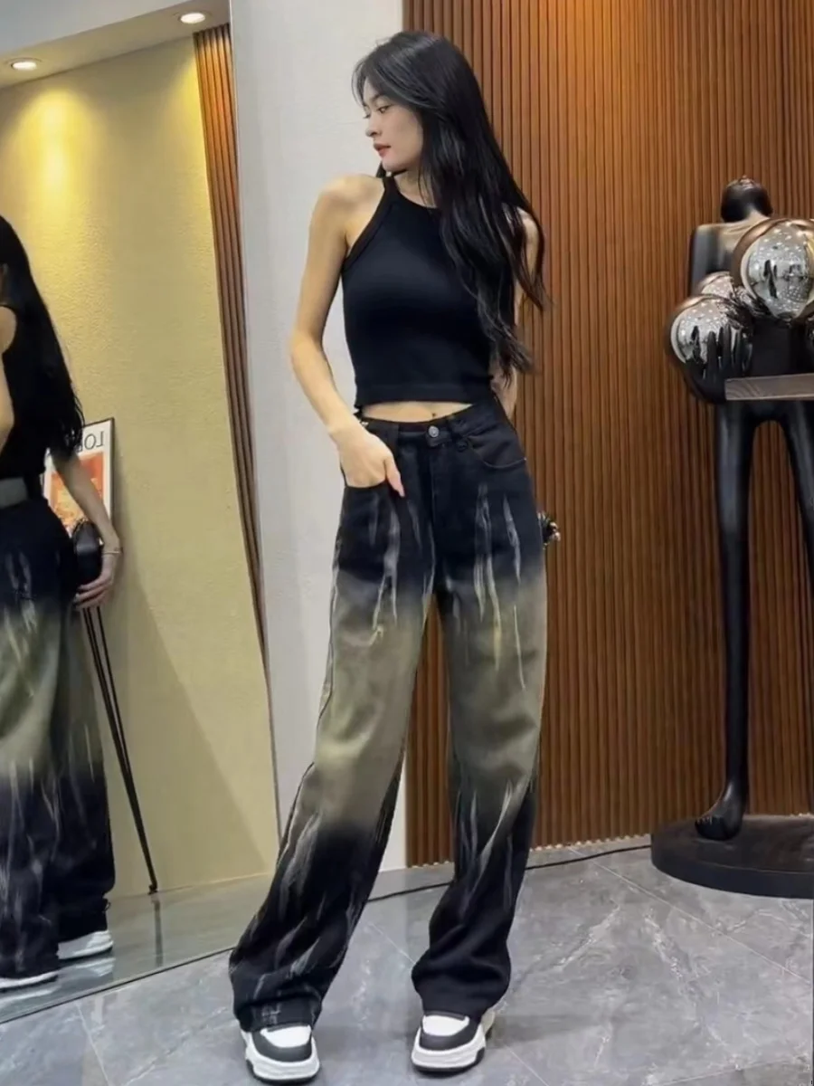 Jeans à taille haute rétro américain tie-dye, nouveau design sensationnel pour femmes, petite taille plus, pantalon droit longueur au sol