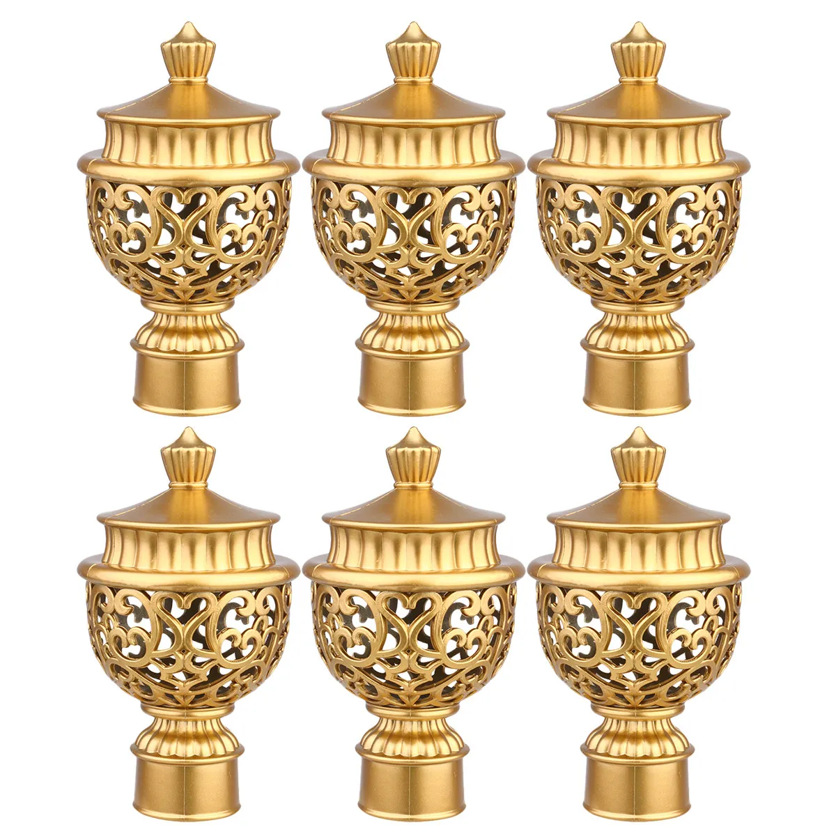 6Pcs Window Curtain Rod End Caps Hollow Plastic Finials Retro Decorative Curtain Pole Fittings Home Decoration Golden