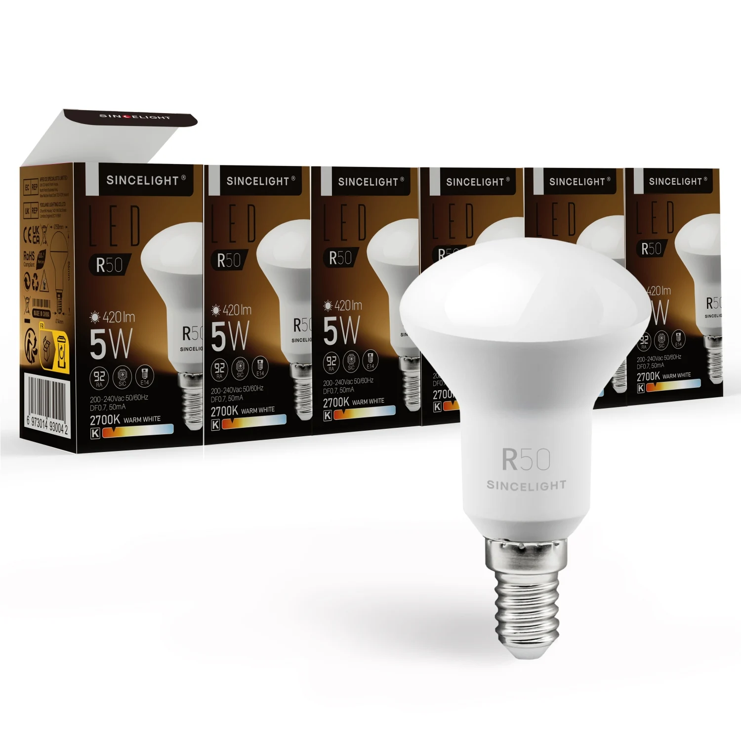 Pack of 6, E14 R50 LED Spot Light Bulb, Reflector with Milky Diffuser, 5W(50W Equivalent), 2700-6000K, RA≈92, 120° Beam Angle