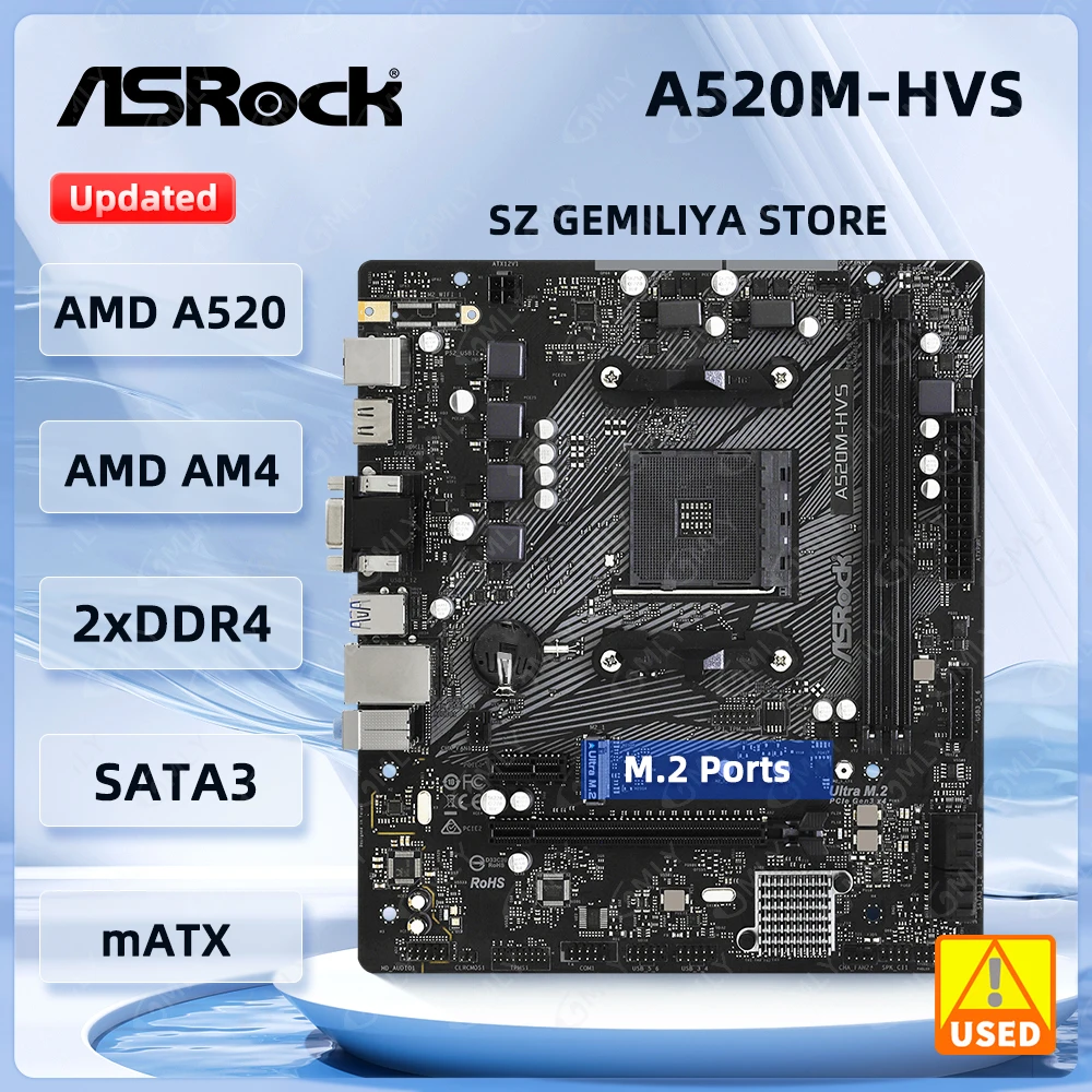 ASROCK A520M-HVS Motherboard AMD A520 Motherboard AM4 DDR4 64GB PCIe 3.0 M.2 support  5600 3400 3600 5500 5700 cpu