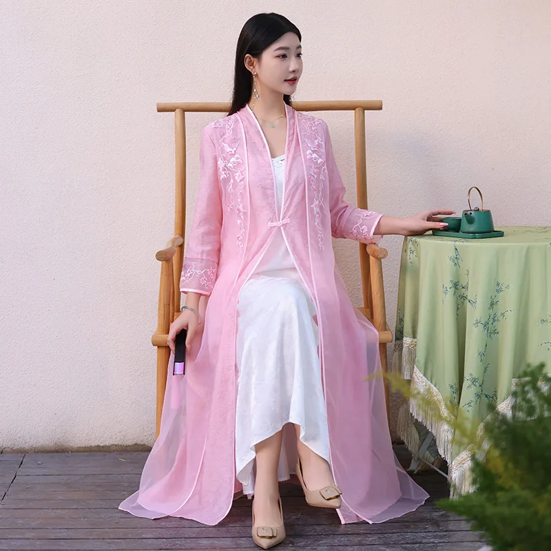 High-end women Sunscreen Clothing Embroidery Flowers Elegant Lady Long Coat Dress S-XXL