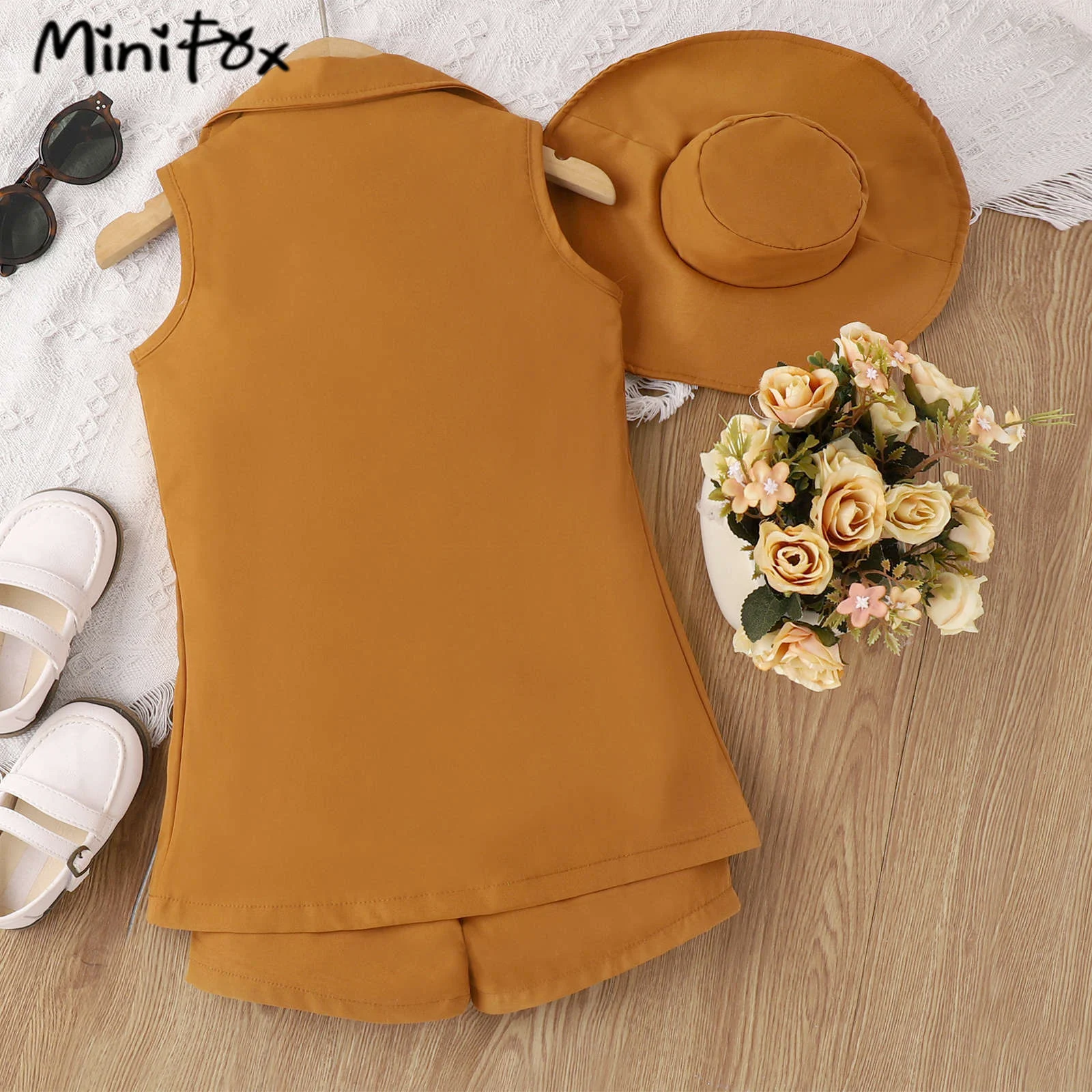 MiniFox Girl\'s Blazer Sets Sleeveless Lapel Blazer Coat+Vest+Shorts+Hat 4pcs Summer Suit For Children Girls Elegants Outfits