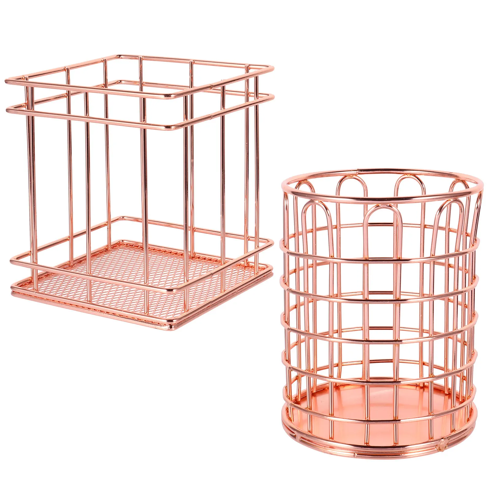 2Pcs Rose Gold Metal Makeup Brush Holder Wrought Iron Geometric Storage Bucket for Vanity Desk Organizer Elegant Decorative