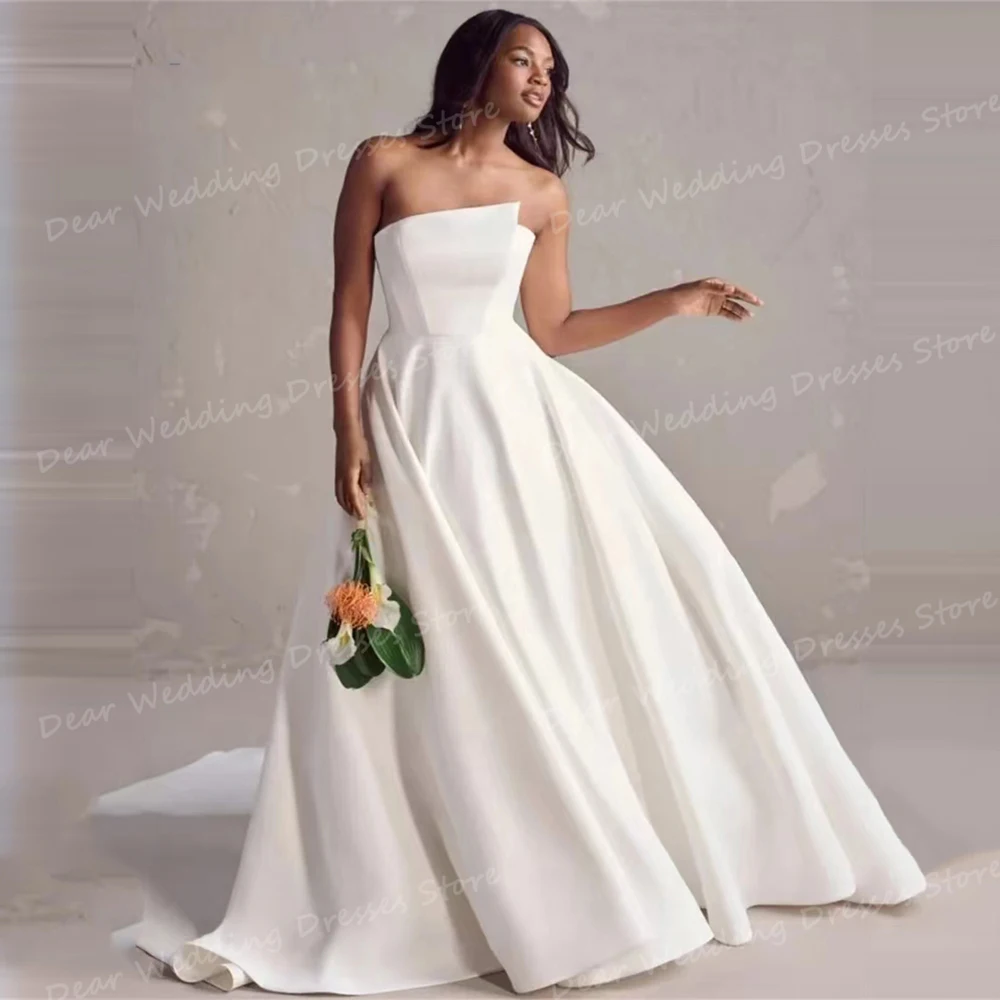 Simple Pleat Satin Wedding Dresses A Line Sexy Strapless Sleeveless Women's Bridal Gowns Backless Gentle Formal Vestidos 2024