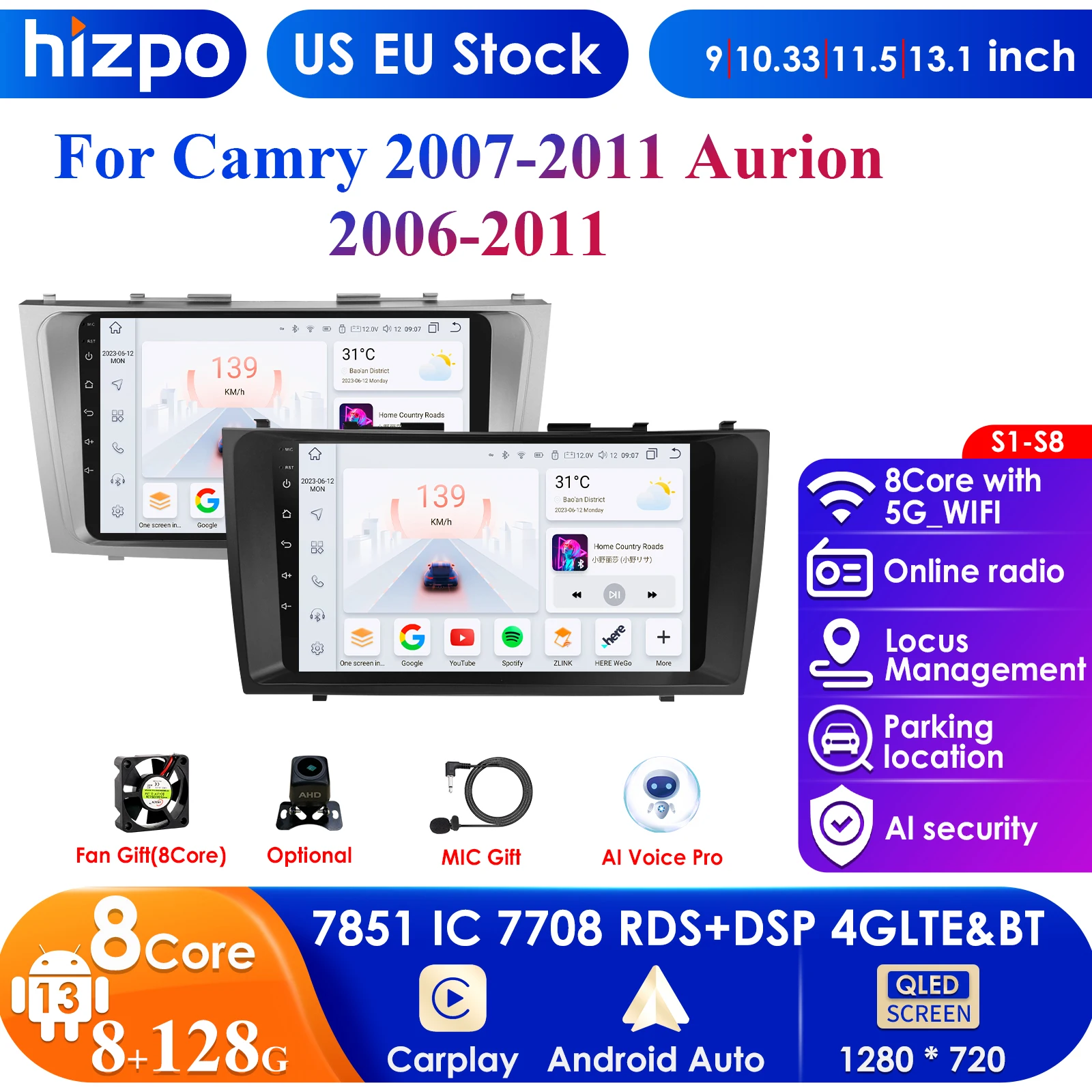 Android 13 2Din Car Radio for Toyota Camry 2007-2011 Aurion Multimedia Video Player Navigation Carplay Stereo Head Unit 9