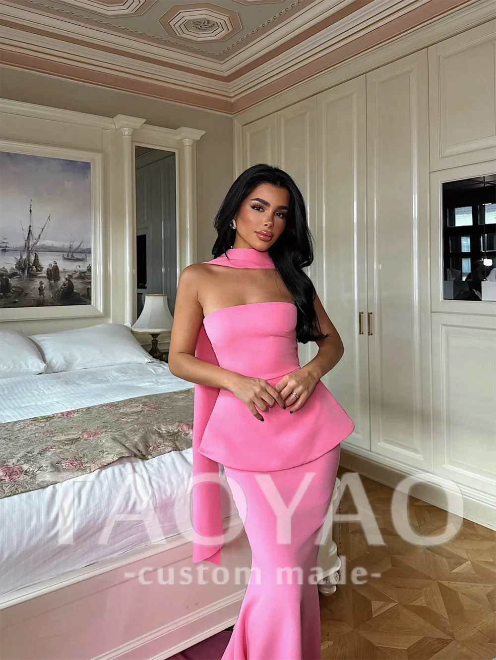 Elegante roze boothals avondjurken off-shoulder zeemeermin feestjurken op maat gemaakte beroemdheidsjurken luxe galajurk 2025