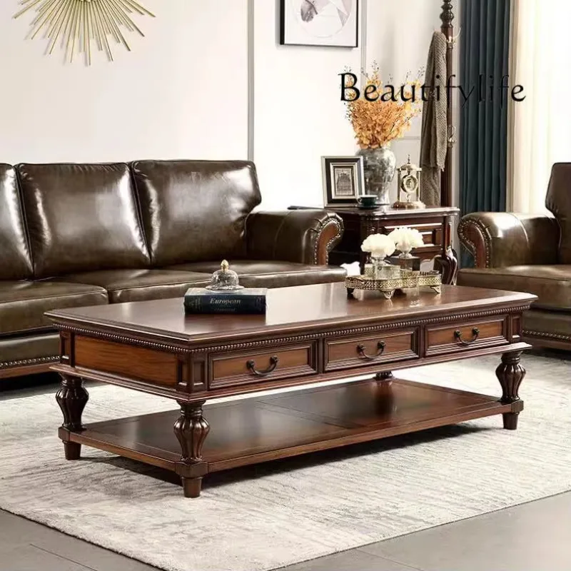 XX American Rural Solid Wood Coffee Table Roman Column Rectangular Retro Old Living Room Storage Tea Table