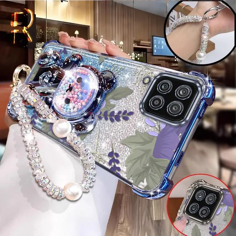 

A 12 Purple flowers Plating Bracelet Holder Phone Case For Samsung A15 A22 A12Nacho A12 A12S M02 M12 F12 M13 A03S A02S A04 Cover