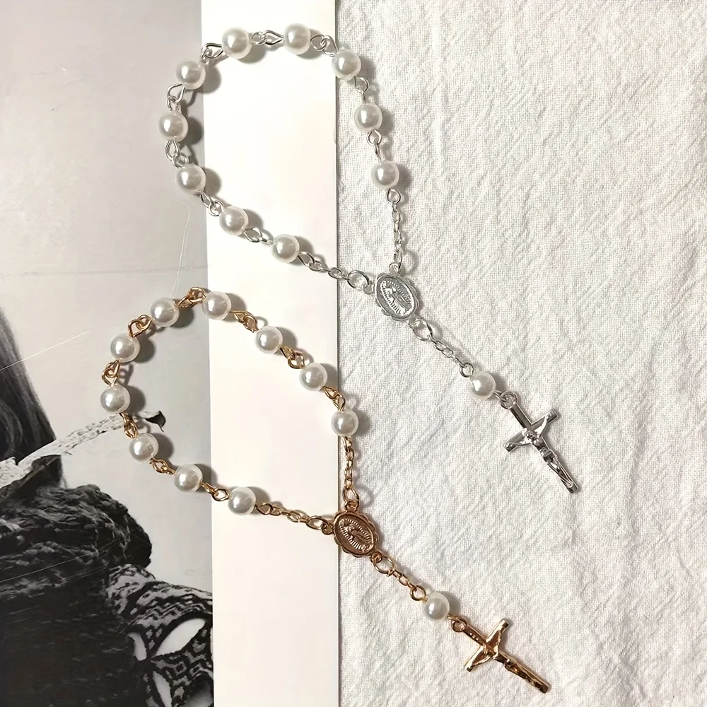 Romantic Catholic Engagement Pearl Bracelet  White Transparent Organza's Bag Packaging Religious Wedding Prayer Rosary Jewelry