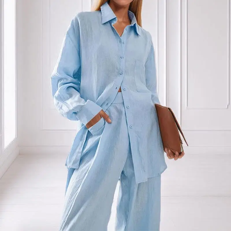 

Casual Slim Fit irt And Pants Set Simple Design Spring New Arrival Women's Faion Ensemble Ele Sle Pure Color PVC Ma...