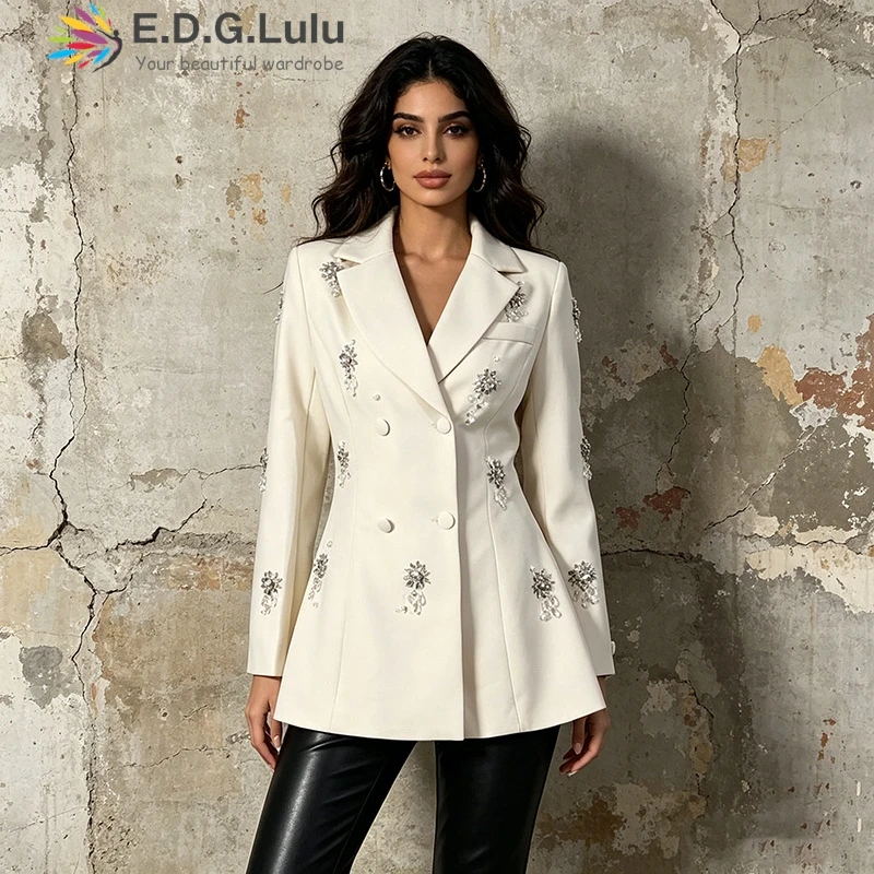 EDGLuLu 2026 New Turn-Down Collar Long Sleeved Black Suit Jacket Woman Design Double Row Buckle Nail Drill Splicing Blazer 0610