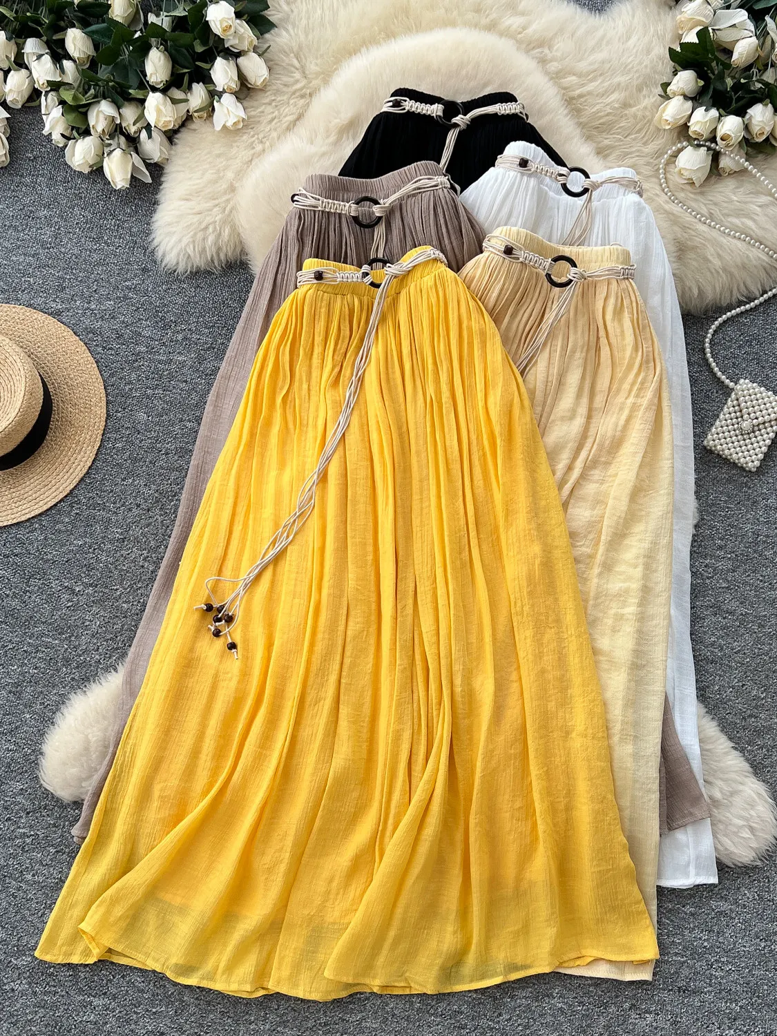 Chic Boho Red Textured Linen Maxi Skirt Women Elastic Waist Braided Belt Flowy Long Skirt Summer Beach Vacation Casual Bottom