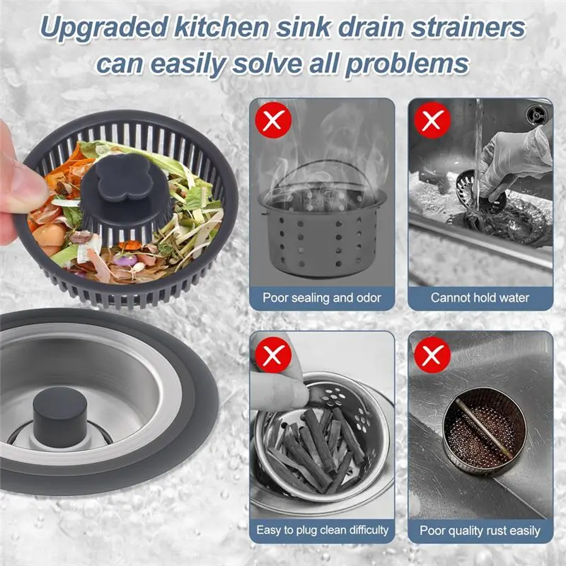 BMBY-2 Pack Upgraded 3 In 1 For Kitchen Sink Drain Strainer Stopper Combo, Stainless Steel Basket Filter Sink Strainer