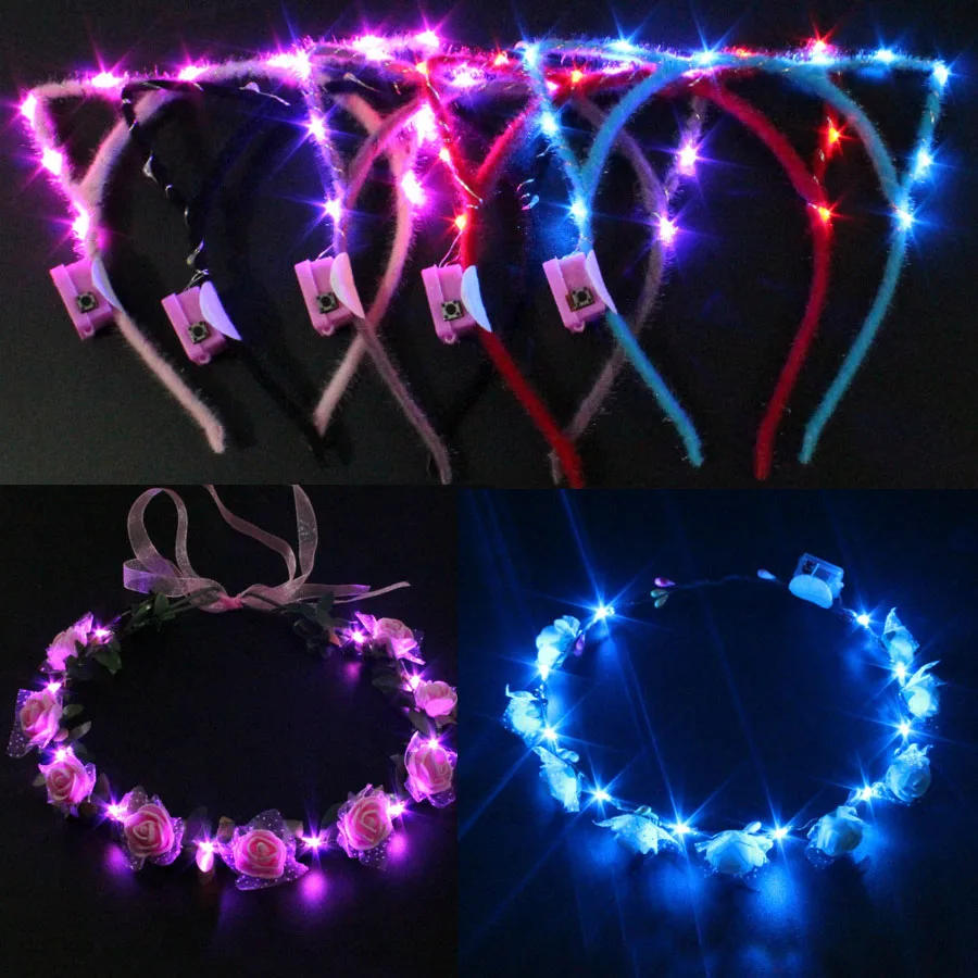 1pcs Women Girl LED Glow Cat Bunny Ear Hairband Light Up Headband Flower Wreath Party Bridal Gift Birthday  Wedding Festival