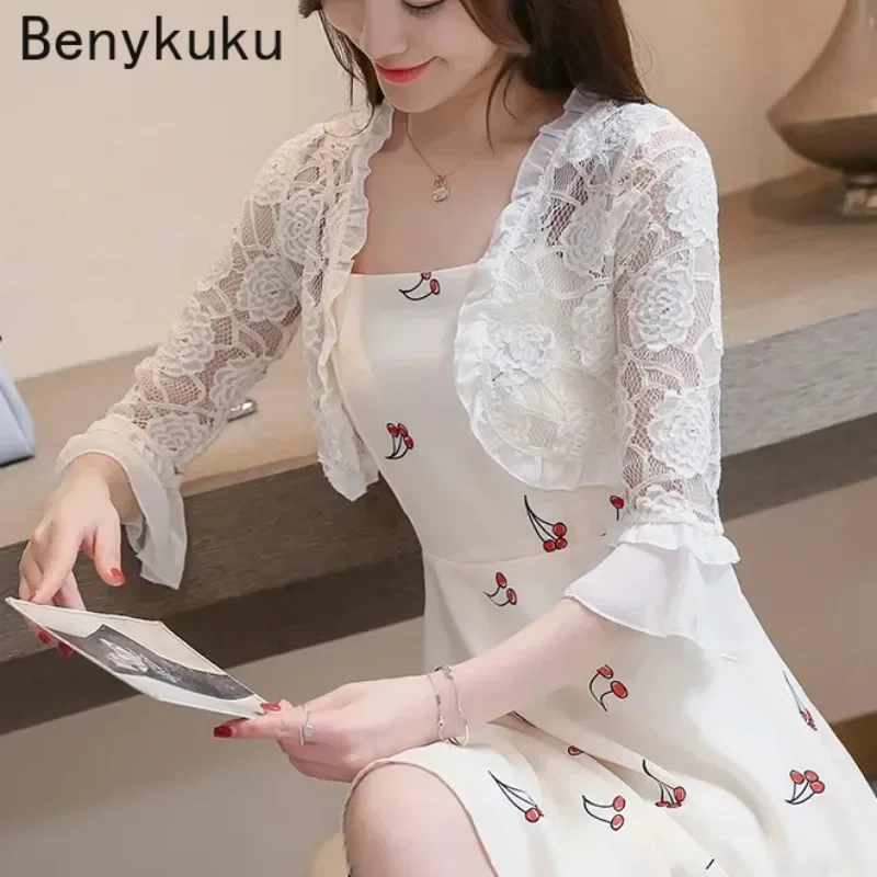 Flare Sleeve Elegant Cardigan Top Basic Coat Jackets Summer Women Clothes Shawls Sweet Pink Lace Bolero Shrugs for Party Dress