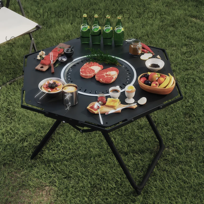 Portable Folding Round Camping Table Outdoor Barbecue Picnic Cooking Grilling Heavy Duty Aluminum Lightweight Compact for Travel