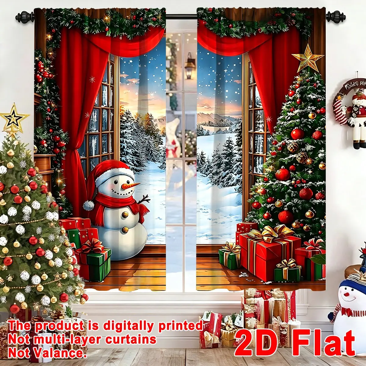2 Stück Festliche Weihnachtsvorhänge Schneemann- und Weihnachtsbaum-Design Polyester-Vorhänge mit Schlaufen für Schlafzimmer Weihnachtsdekoration 2026 – Detail 2