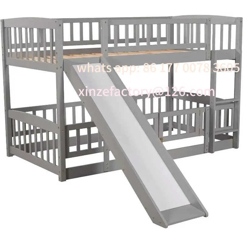 

Customizable Low Bunk Bed with Slide Twin Over Twin Bunk Beds for Kids Toddlers, Wood Floor Beds Frame with Rails , Gray