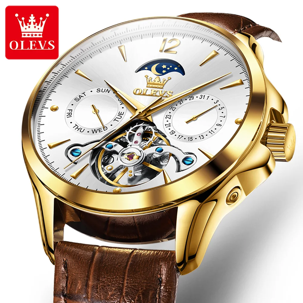 

OLEVS Brand Mens Mechanical Watch Leather Waterproof Week Date Military Moon Phase Automatic Tourbillon Watch Relogio Masculino