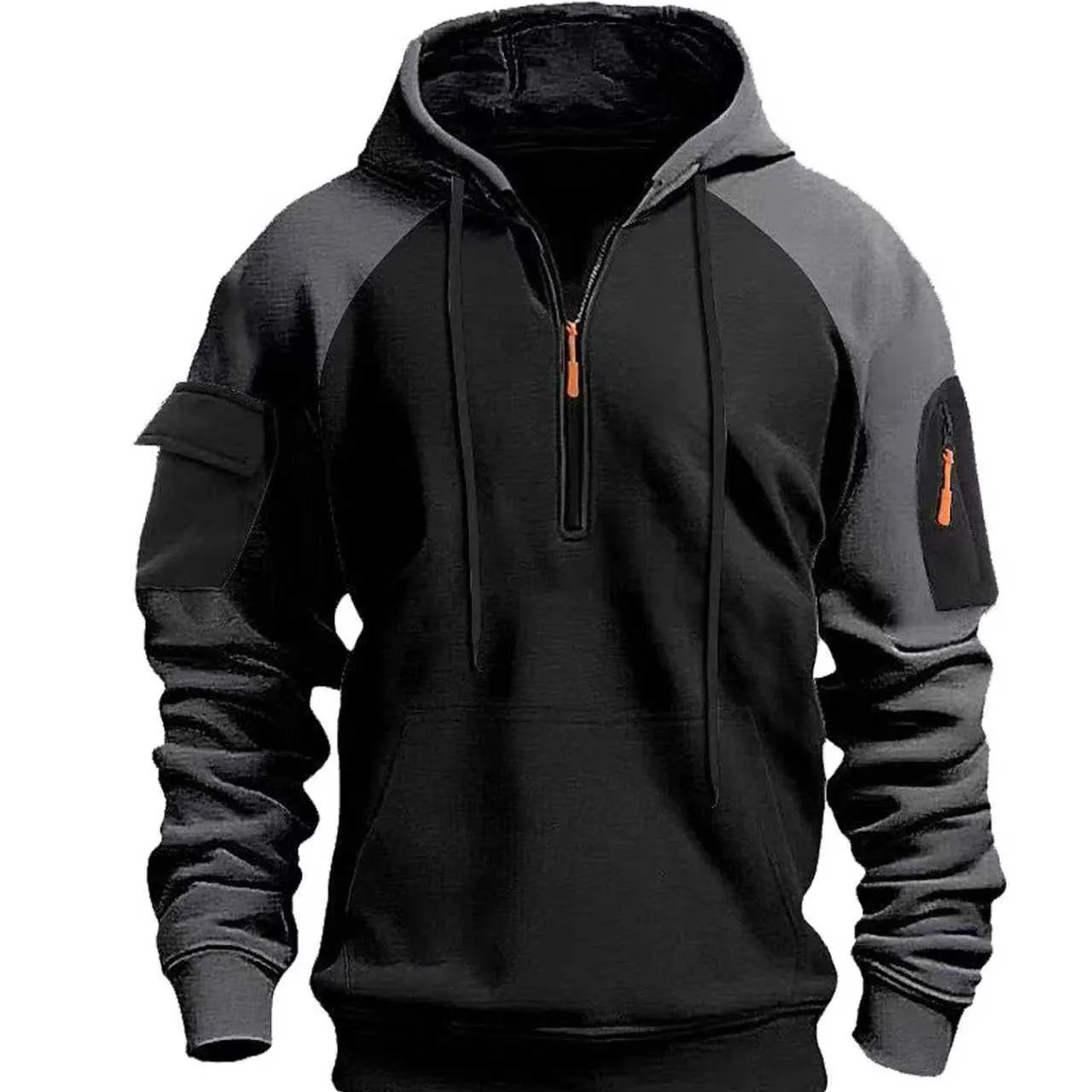 

New Men's Hoodies Long Sleeve Sweatshirt Men Half Zipper Hooded Pullover Mens Casual Color block Top Jacket Coat Black Sweater