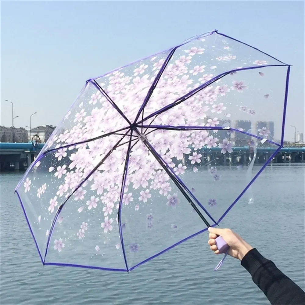 Transparent Clear Umbrella 3 Fold Umbrella Pink, Green, Blue, And Purple Flowers, Transparent And Sunny Umbrellas