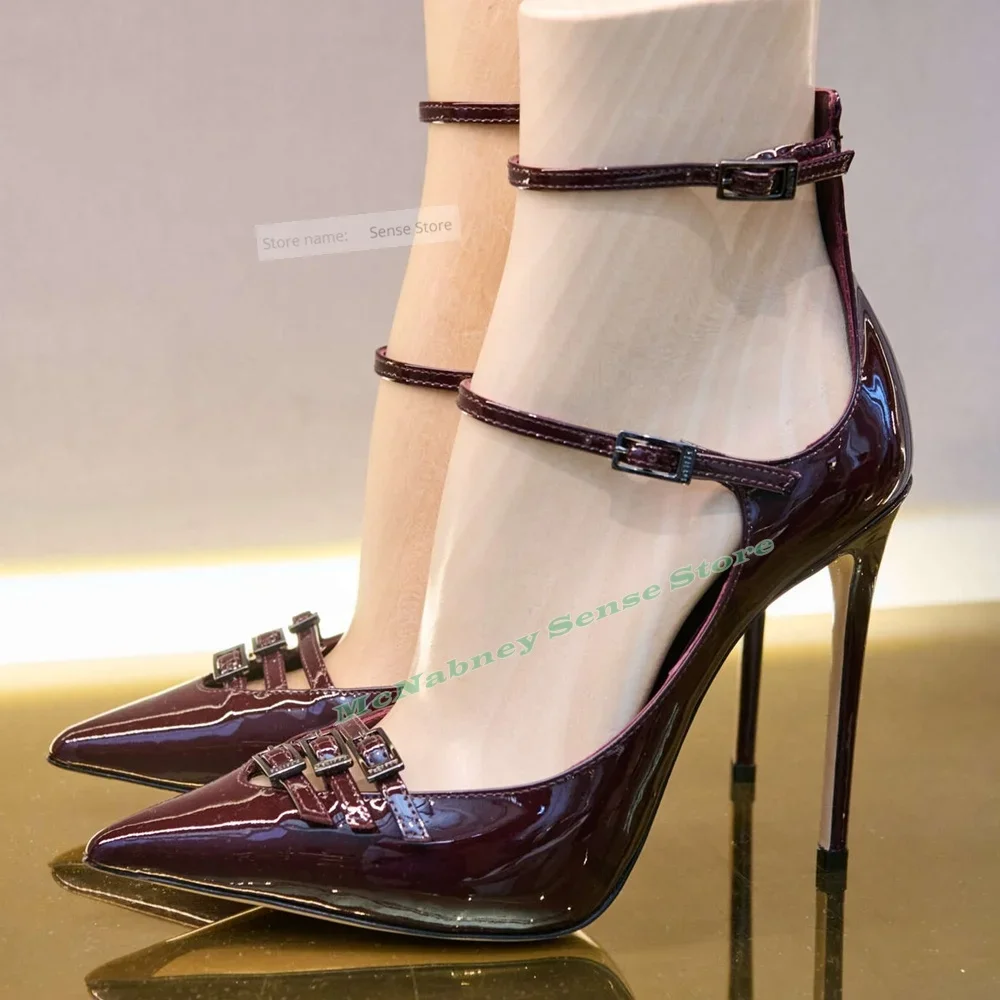 

Сандалии с острым носком и пряжками и ремешками, однотонные блестящие кожаные сандалии на шпильке, женская сексуальная обувь, дизайнерская повседневная обувь для летних вечеринок