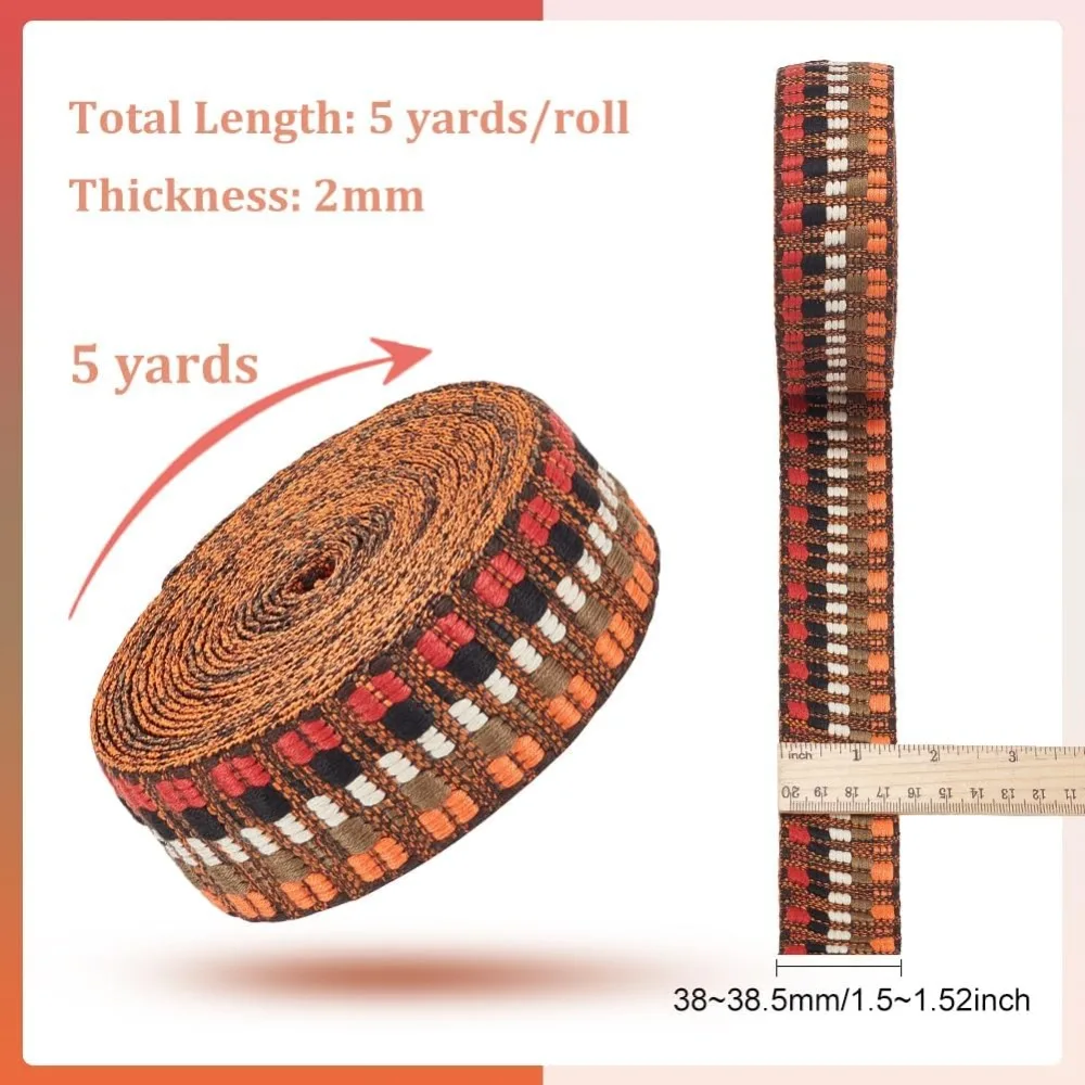 5 Yards Ethnic Embroidery Polyester Ribbons, 38mm Wide Heavy Vintage Craft Jacquard Trim for Clothing, Bag, Headbands Pillowcase